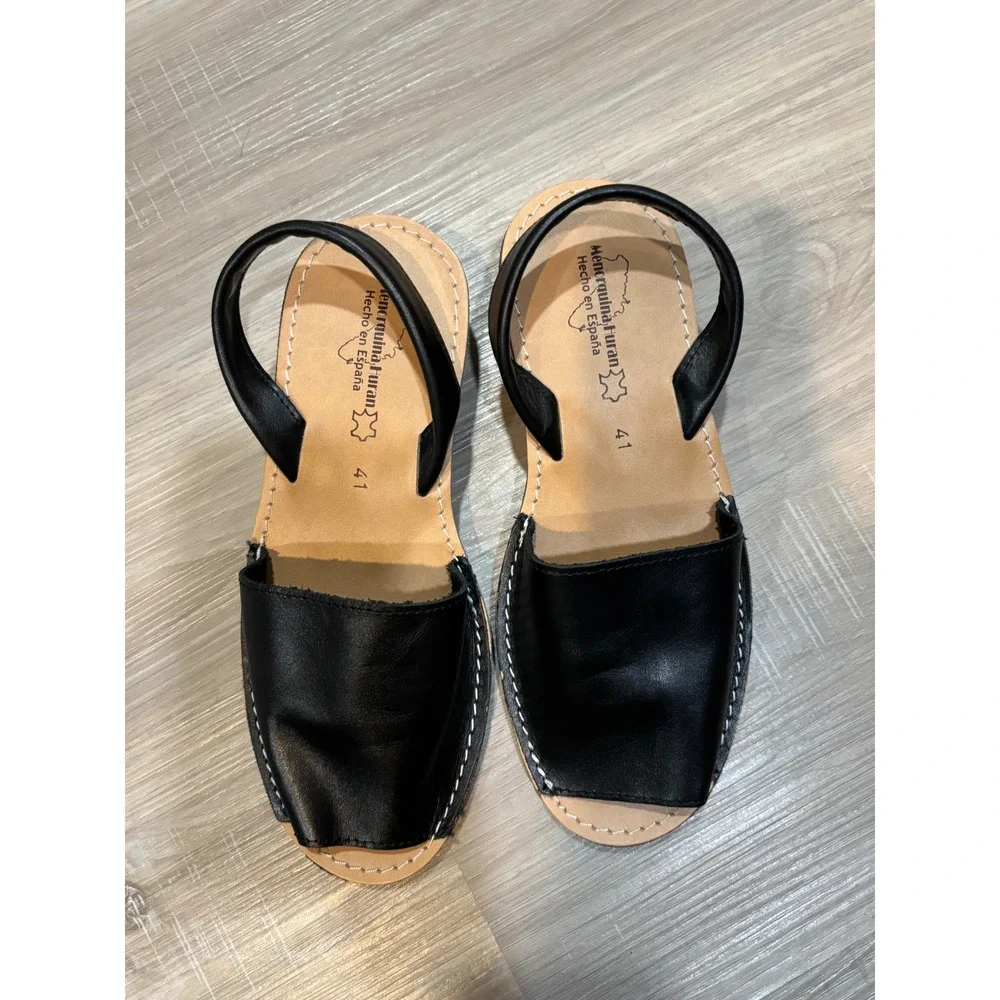 Menorquina Furan Black Leather Avarca Sandals Wedge Hecho en España Size 41